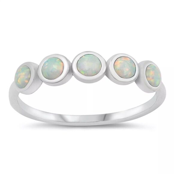 Five Stone Bezel Set Lab Created White Opal Stackable Ring 925 Sterling Silver - Picture 7 of 7